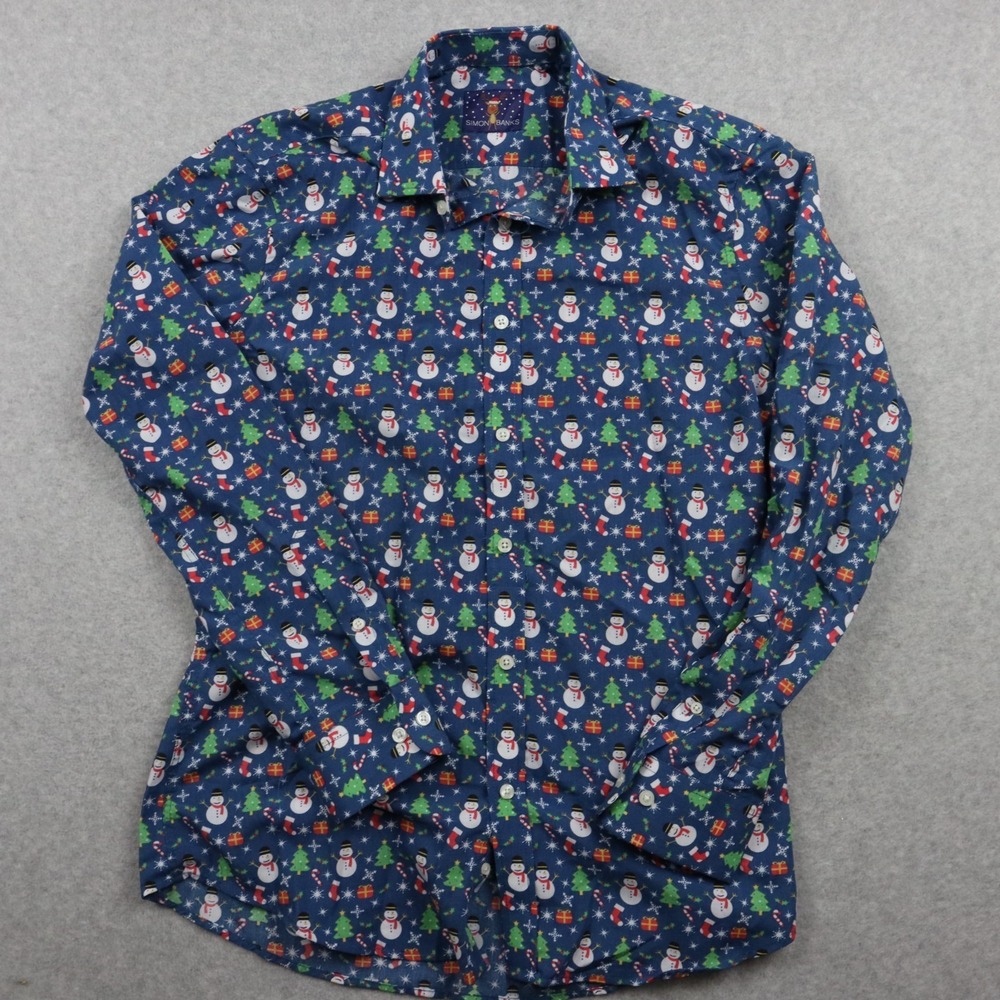 Simon Banks Shirt Mens‎ Medium 15.5 Christmas Snowman Holiday Button Long Sleeve